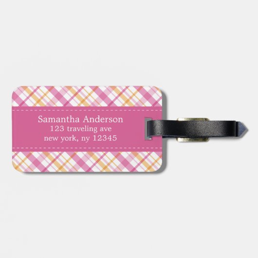 Preppy rosa und orange kariertes Muster Gepäckanhänger (Rückseite horizontal)