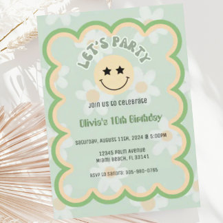 Preppy Sage Green Y2K Happy Face Party Geburtstag Einladung