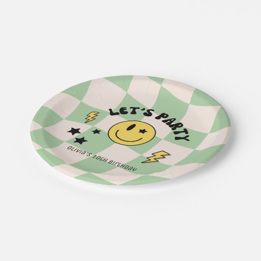 Preppy Sage Green Y2K Retro Birthday Paper Plate Pappteller (Schrägansicht)