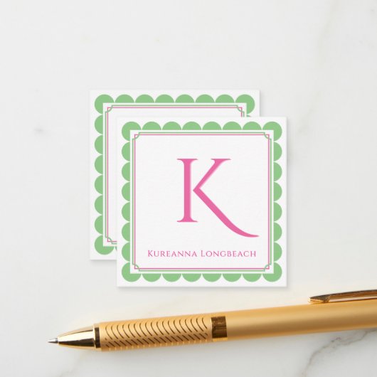 Preppy Scallop Monogram Pink & Minze Green Calling Begleitkarte (Vorderseite/Rückseite Beispiel)