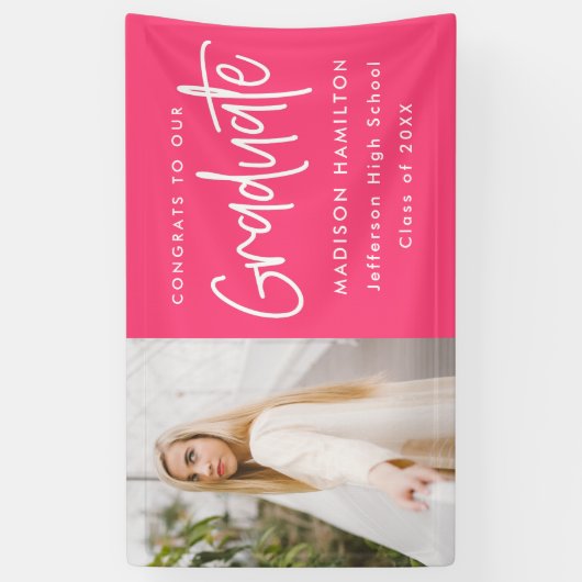 Preppy Script Hot Pink Foto Abschluss Banner (Vertikal)
