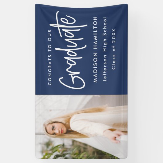 Preppy Script Navy Foto Abschluss Banner (Vertikal)