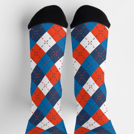 Preppy Sky Blue Navy Blue Orange White Raute Socken (Oben)