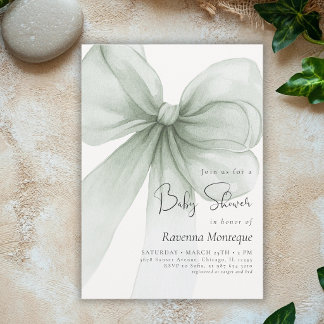 Preppy Soft Green Bow Coquette Clean Baby Shower Einladung