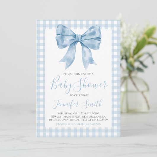 Preppy Southern Blue Bow Boy Baby Dusche Einladung (Stehend Vorderseite)