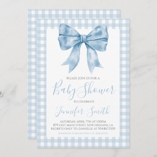 Preppy Southern Blue Bow Boy Baby Dusche Einladung (Vorne/Hinten)