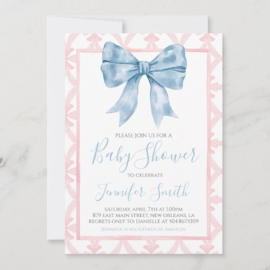 Preppy Southern Blue Bow Girl Baby Dusche Einladung (Vorderseite)
