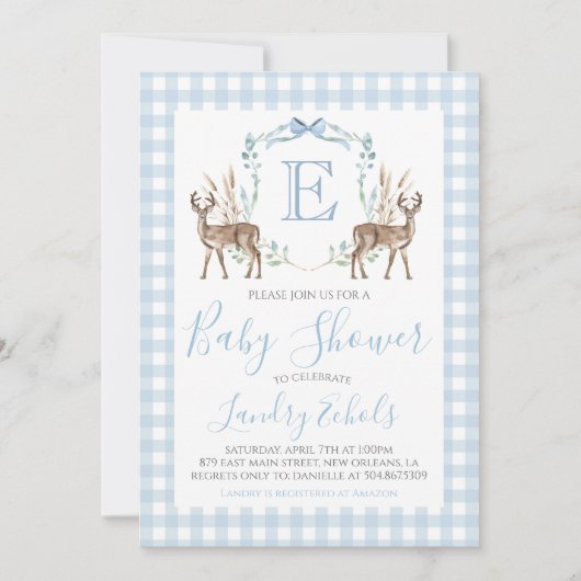 Preppy Southern Blue Boy Deer Hunter Baby Dusche Einladung (Vorderseite)