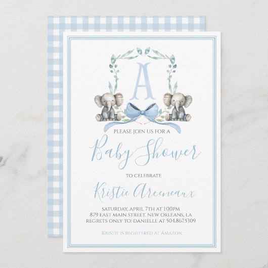 Preppy Southern Blue Boy Elephant Baby Dusche Einladung