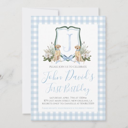 Preppy Southern Blue Boy Hund zum ersten Geburtsta Einladung (Vorderseite)