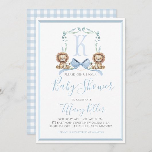 Preppy Southern Blue Boy Lion Baby Dusche Einladung
