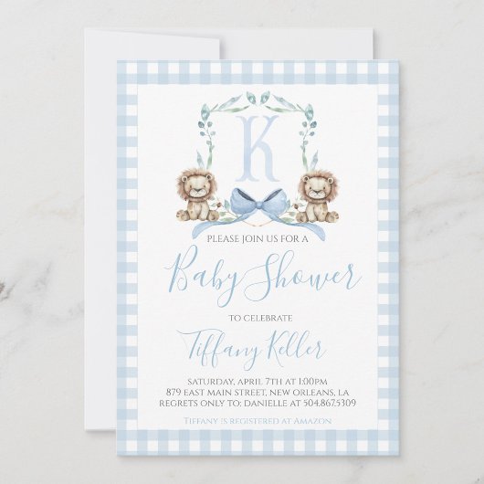 Preppy Southern Blue Boy Lion Baby Dusche Einladung