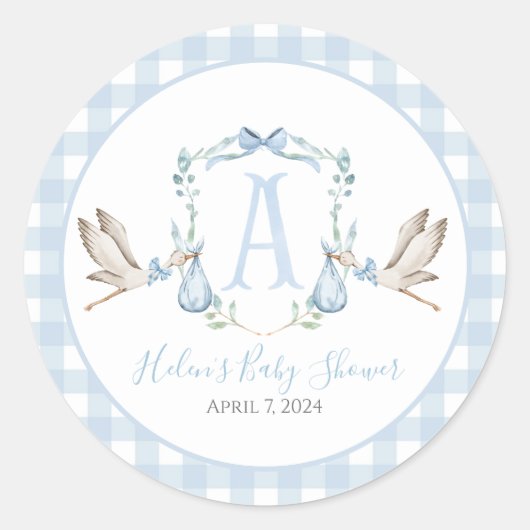 Preppy Southern Blue Boy Stork Baby Dusche Runder Aufkleber (Vorderseite)