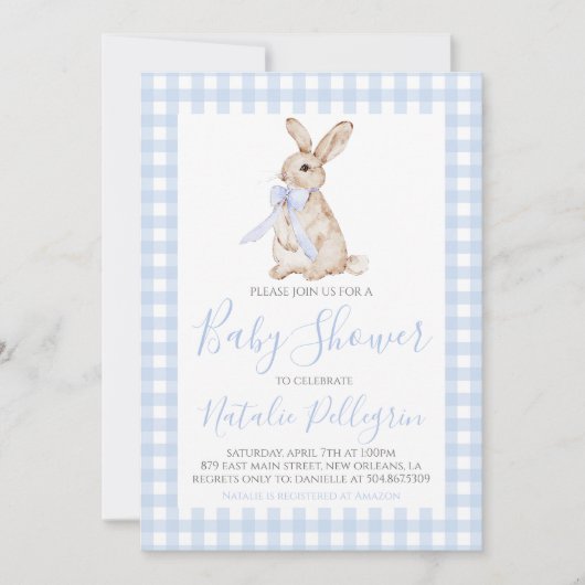 Preppy Southern Blue Gingham Bunny Baby Dusche Einladung (Vorderseite)