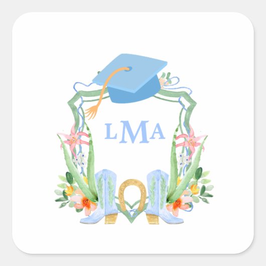 Preppy Southern Cowgirl Monogram Abschluss Quadratischer Aufkleber (Vorderseite)