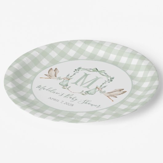 Preppy Southern Green Stork Baby Dusche Pappteller (Schrägansicht)