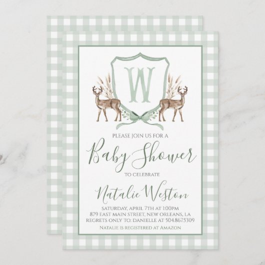 Preppy Southern Hirschbeutel Green Boy Baby Showdu Einladung (Vorne/Hinten)