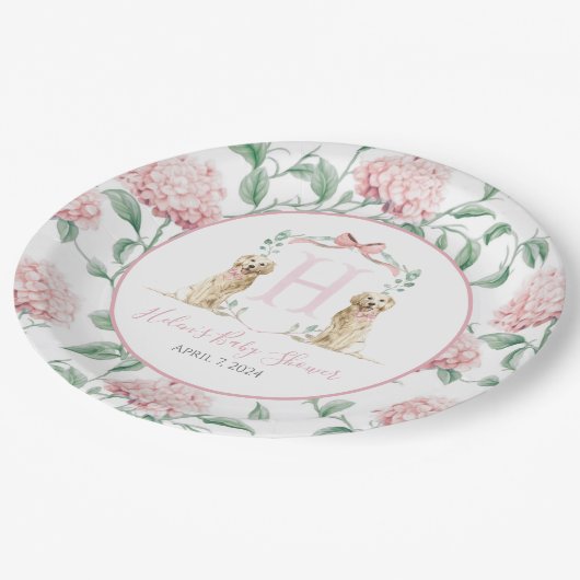 Preppy Southern Pink Girl Dog Babydusche Pappteller (Schrägansicht)