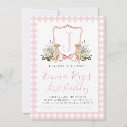 Preppy Southern Pink Girl Hund zum ersten Geburtst Einladung (Vorderseite)