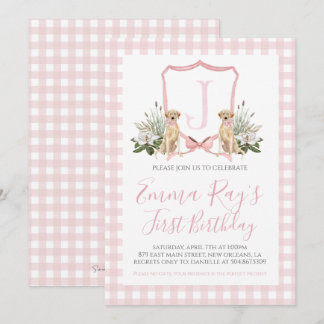 Preppy Southern Pink Girl Hund zum ersten Geburtst Einladung