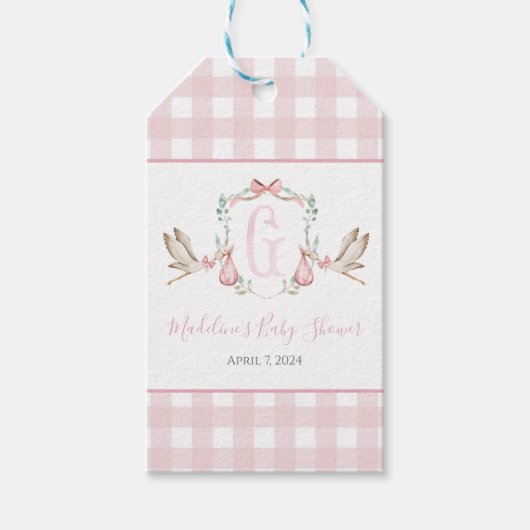 Preppy Southern Pink Girl Stork Baby Dusche Geschenkanhänger (Vorderseite)