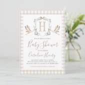 Preppy Southern Tan Stork Baby Shower Einladung (Stehend Vorderseite)