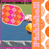 Preppy Sporty Pink und Orange Raute Personalisiert Pickleball Schläger
