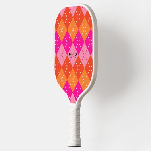 Preppy Sporty Pink und Orange Raute Personalisiert Pickleball Schläger (Links)