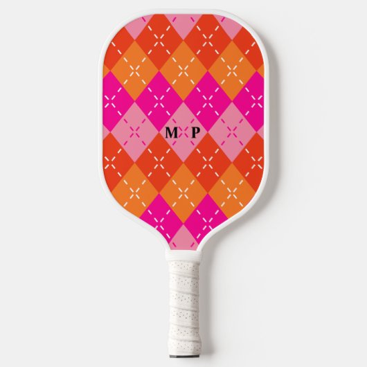 Preppy Sporty Pink und Orange Raute Personalisiert Pickleball Schläger (Vorderseite)