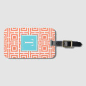 Preppy Square Lattice Monogram - Coral & Turquoise Gepäckanhänger (Vorderseite (Horizontal))