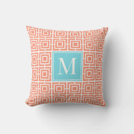 Preppy Square Lattice Monogram - Coral & Turquoise Kissen