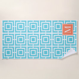 Preppy Square Lattice Monogram - Coral & Turquoise Strandtuch