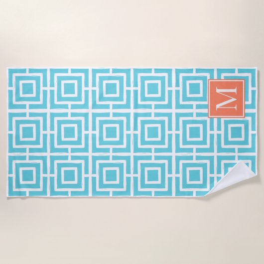 Preppy Square Lattice Monogram - Coral & Turquoise Strandtuch (Vorderseite)