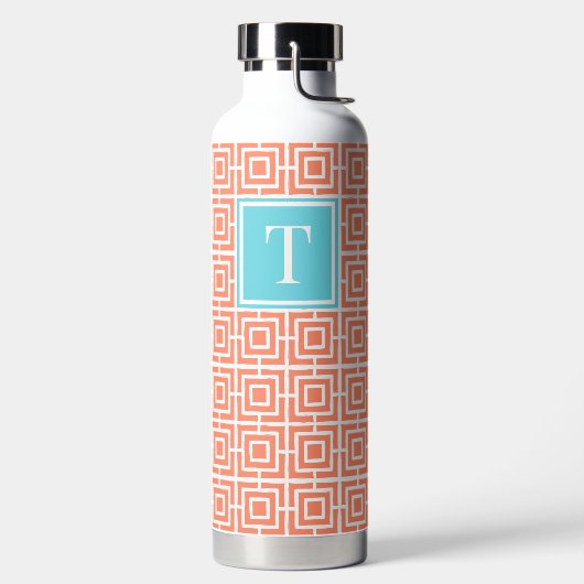 Preppy Square Lattice Monogram - Coral & Turquoise Trinkflasche (links)
