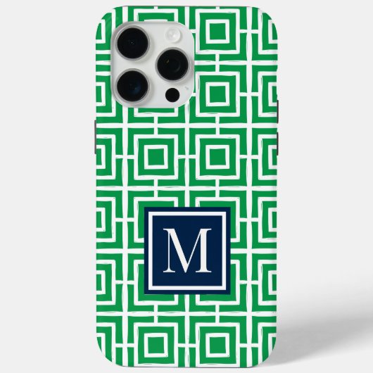 Preppy Square Lattice Monogram – Green & Navy Case-Mate iPhone Hülle (Rückseite)