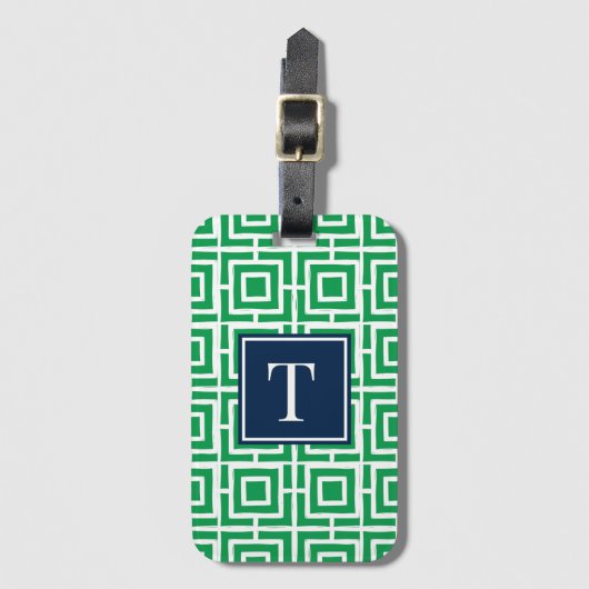 Preppy Square Lattice Monogram - Green & Navy Gepäckanhänger (Vorderseite Vertikal)