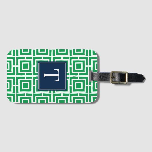 Preppy Square Lattice Monogram - Green & Navy Gepäckanhänger (Vorderseite (Horizontal))