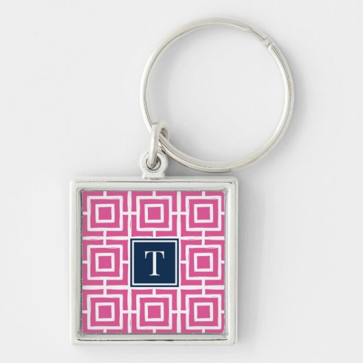 Preppy Square Lattice Monogram - Hot Pink & Navy Schlüsselanhänger (Vorne)