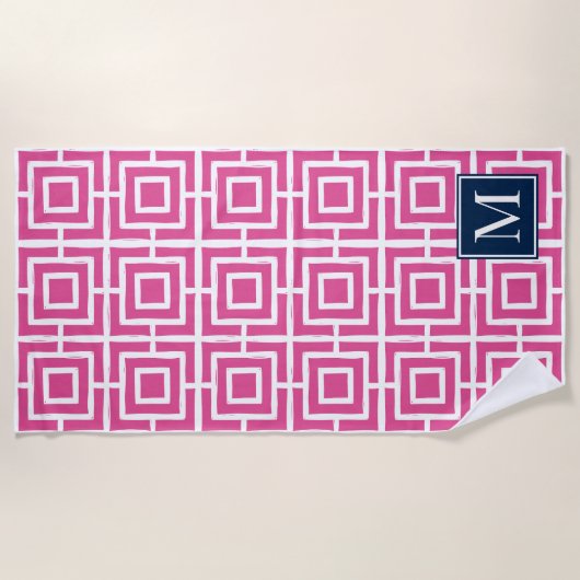 Preppy Square Lattice Monogram – Hot Pink & Navy Strandtuch (Vorderseite)