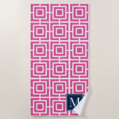 Preppy Square Lattice Monogram – Hot Pink & Navy Strandtuch (Vorderseite)