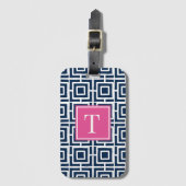 Preppy Square Lattice Monogram – Navy & Hot  Pink Gepäckanhänger (Vorderseite Vertikal)