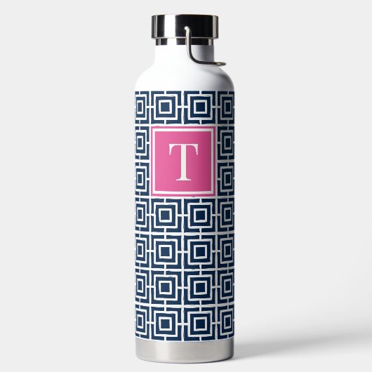 Preppy Square Lattice Monogram – Navy & Hot Pink Trinkflasche (links)