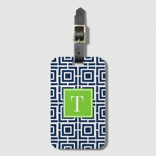 Preppy Square Lattice Monogram – Navy & Lime Gepäckanhänger (Vorderseite Vertikal)