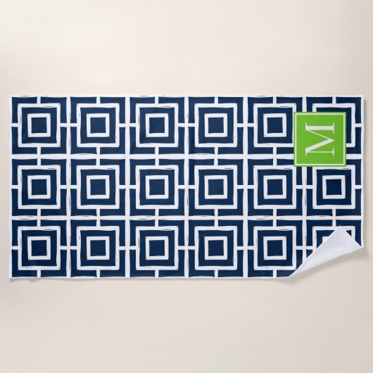 Preppy Square Lattice Monogram – Navy & Lime Strandtuch (Vorderseite)