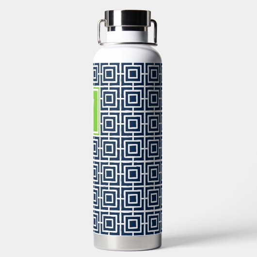 Preppy Square Lattice Monogram – Navy & Lime Trinkflasche (Rückseite)