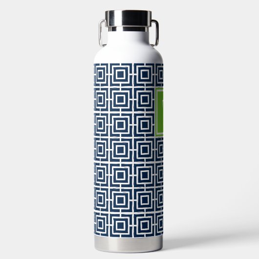 Preppy Square Lattice Monogram – Navy & Lime Trinkflasche (Vorderseite)