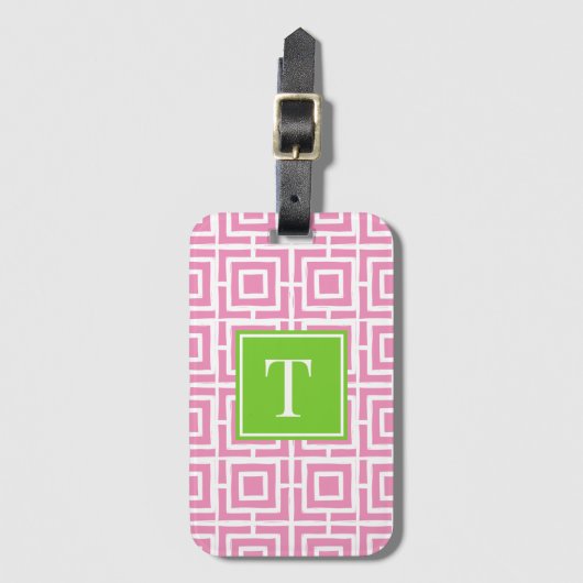 Preppy Square Lattice Monogram – Pink & Lime Gepäckanhänger (Vorderseite Vertikal)