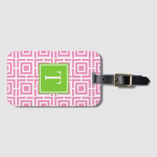 Preppy Square Lattice Monogram – Pink & Lime Gepäckanhänger (Vorderseite (Horizontal))