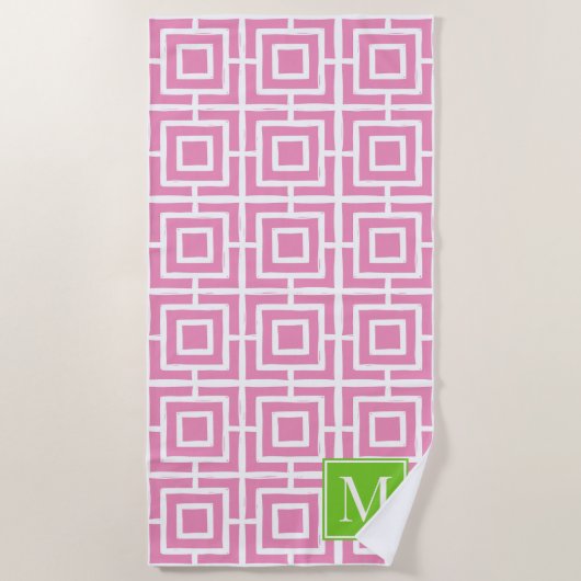 Preppy Square Lattice Monogram – Pink & Lime Strandtuch (Vorderseite)