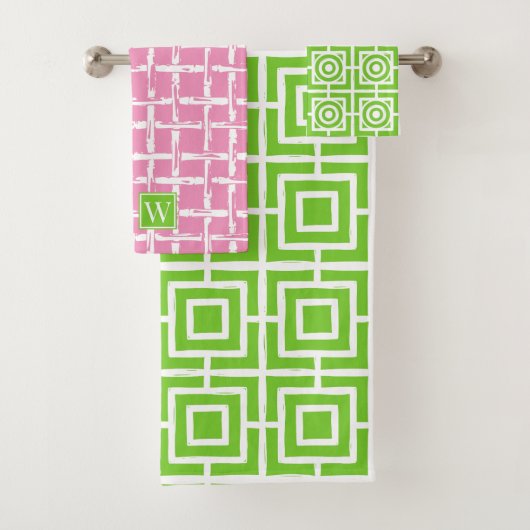 Preppy Square Lattice - Pink & Lime Green Monogram Badhandtuch Set (Insitu)
